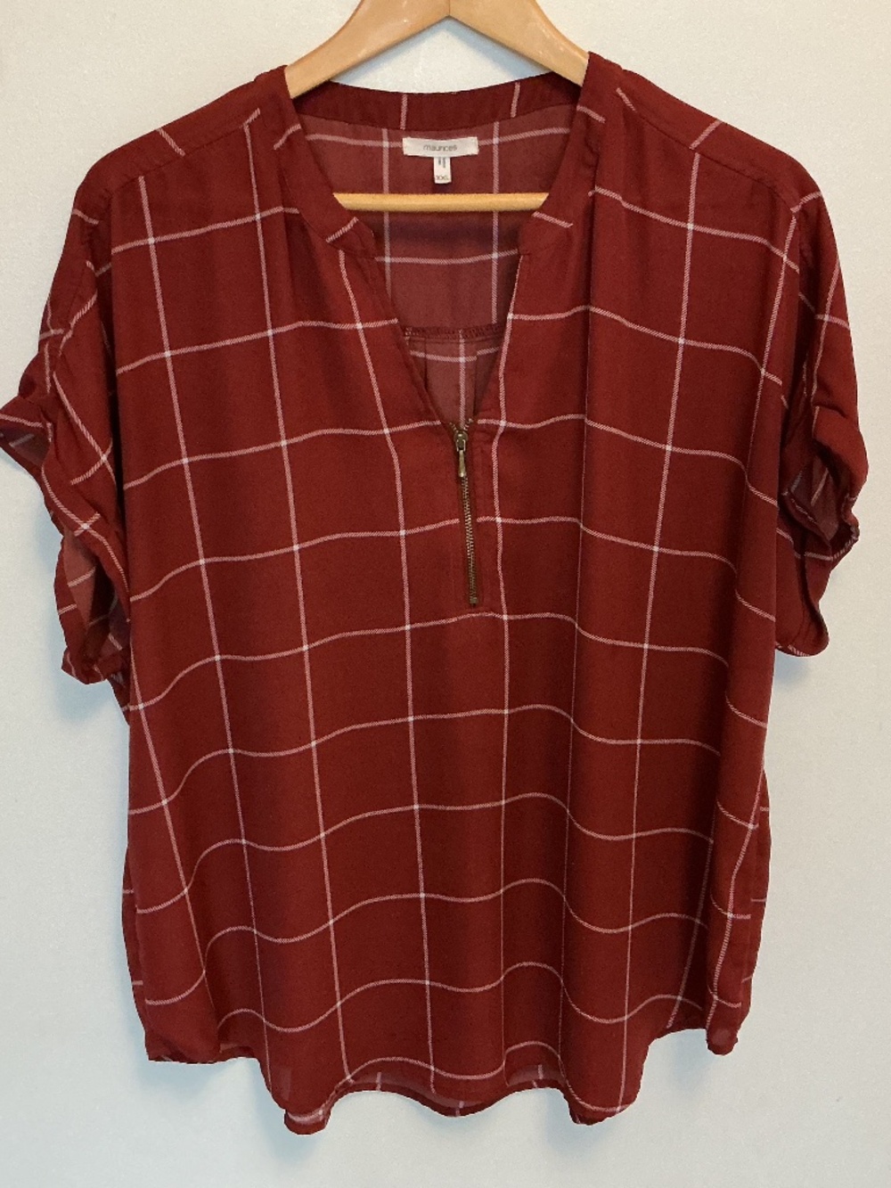 Maurices Brick-Red and white Grid Plaid Zipper V-Neck Blouse- Size XXL